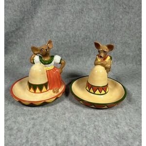 Vintage Ceramic Chihuahua Sombrero Salt and Pepper Shakers Set By Clay Art 1990s